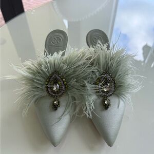 Tory Burch Mint/Sage Feather Embellished Mules